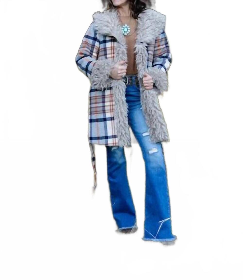 NEW BLUE B aztec jacquard fur belted coat in multi